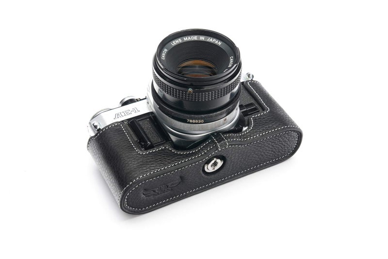 BolinUS A-1 Case, BolinUS Handmade Genuine Real Leather Half Camera Case Bag Cover for Canon AE-1 A-1 (NO Handle) Camera with Hand Strap (Black) - Image 3